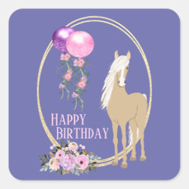 Sticker Carré Joli Cheval et Fleurs Pink Périwinkle Anniversaire