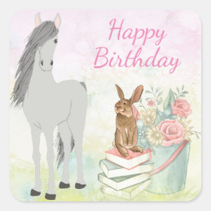 Sticker Carré Joli cheval, lapin et fleurs Joyeux anniversaire