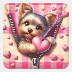 Sticker Carré Joli chiot 3D dans un Arrière - plan rose et blanc
