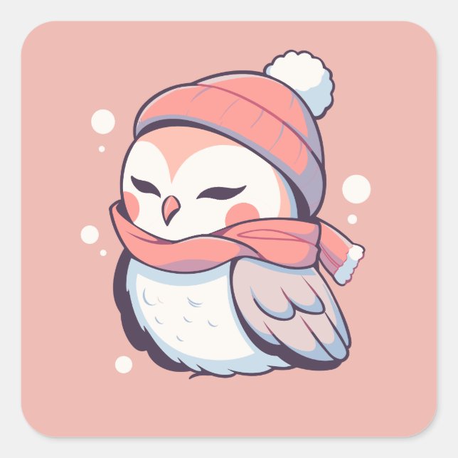 Sticker Carré Joli Chouette de Noël rose d'hiver Kawaii (Devant)