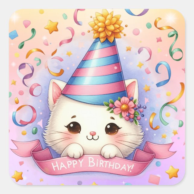 Sticker Carré Joli dessin animé Kawaii Kitty Chat Joyeux Anniver (Devant)