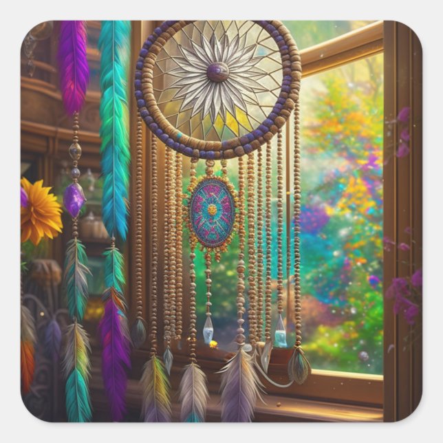 Sticker Carré Joli Dreamcatcher en Boho violet fenêtre (Devant)