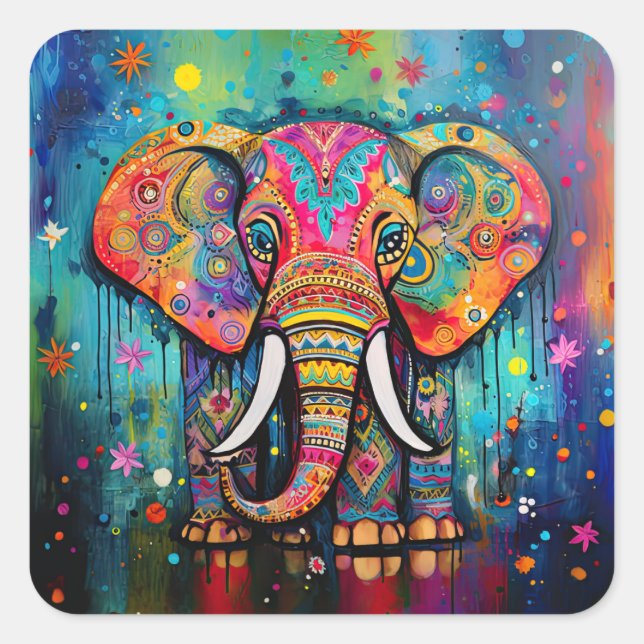 Sticker Carré Joli éléphant coloré Funky Mélange Média Animal (Devant)