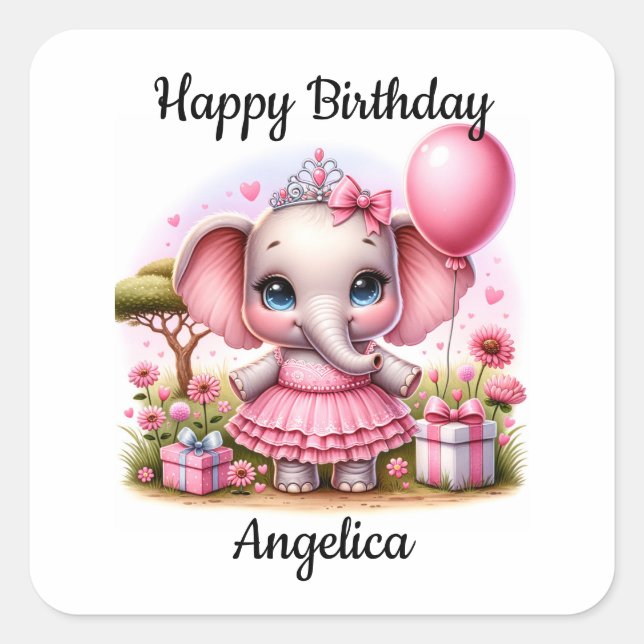 Sticker Carré Joli éléphant d'anniversaire en Robe Rose et Tiara (Devant)