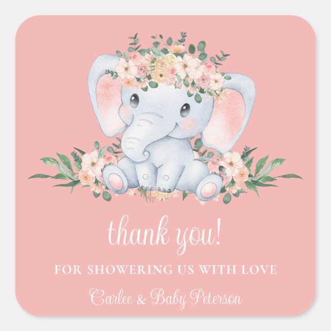 Sticker Carré Joli Eléphant rose Floral Baby shower fille (Devant)