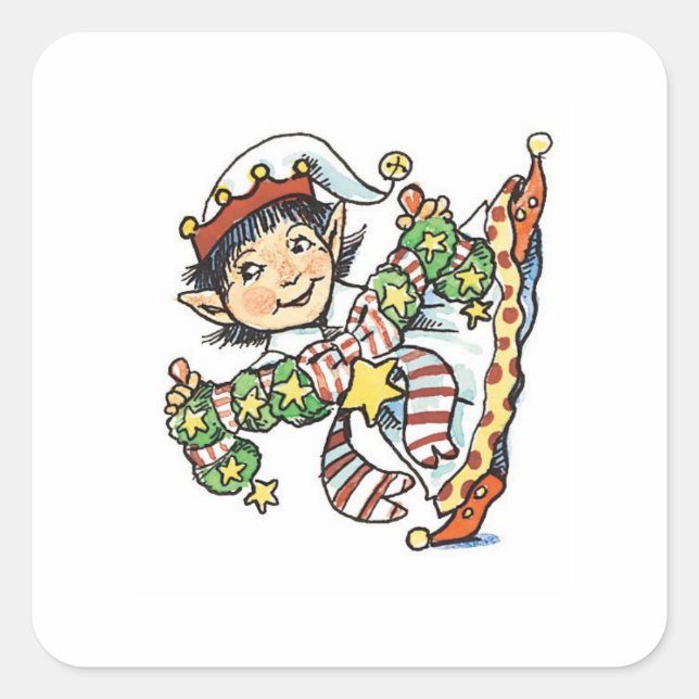 Sticker Carré Joli Elf Dancing, Caricature rétro de Noël (Devant)