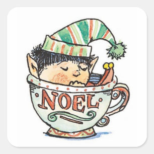 Sticker Carré Joli elfe de Noël de dessin animé dormant dans une