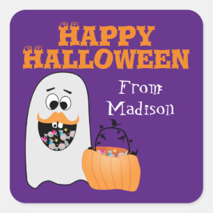 Sticker Carré Joli Fantôme de Halloween Mignon Violet Nom Enfant