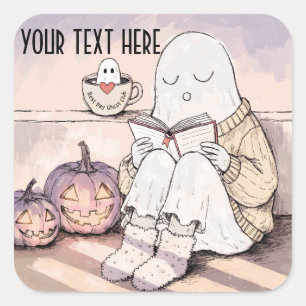 Sticker Carré Joli fantôme de lecture Halloween pour un club de