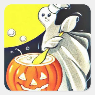 Sticker Carré Joli Fantôme Vintage Halloween avec Citrouille