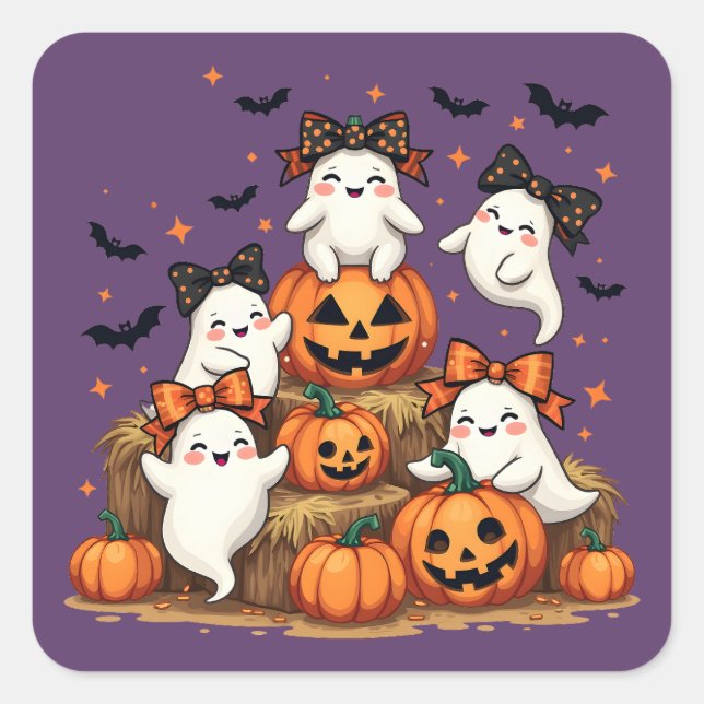 Sticker Carré Joli Fantômes D'Halloween En Coquette Bows Et Citr (Devant)