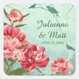 Sticker Carré Joli Fleur Rétro Favoriser Sceau Peonies Chintz