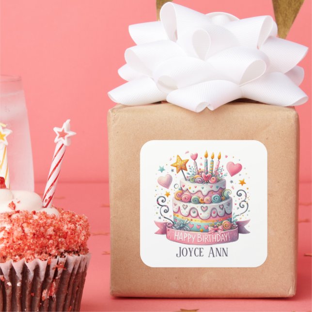Sticker Carré Joli gâteau d'anniversaire ajouter du texte (Fête)