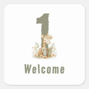 Sticker Carré Joli Girafe Vert Sauge 1er Anniversaire  Bienvenue