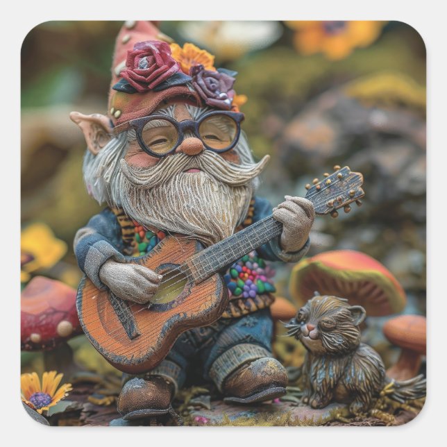 Sticker Carré Joli gnome musical jouant de la guitare (Devant)
