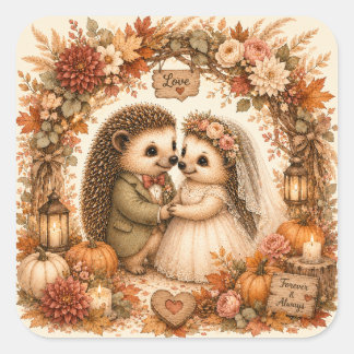 Sticker Carré Joli Hérisson Mariage d'Automne Couple sous l'Arch