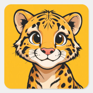 Sticker Carré Joli Jeune Guépard de Dessin Animé 🐾 Bébé Sauvage