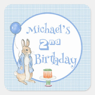 Sticker Carré Joli Lapin Bleu 2ème Deuxième Fête d'Anniversaire