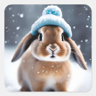 Sticker Carré Joli lapin dans un Casquette Bobble Own ART Noël