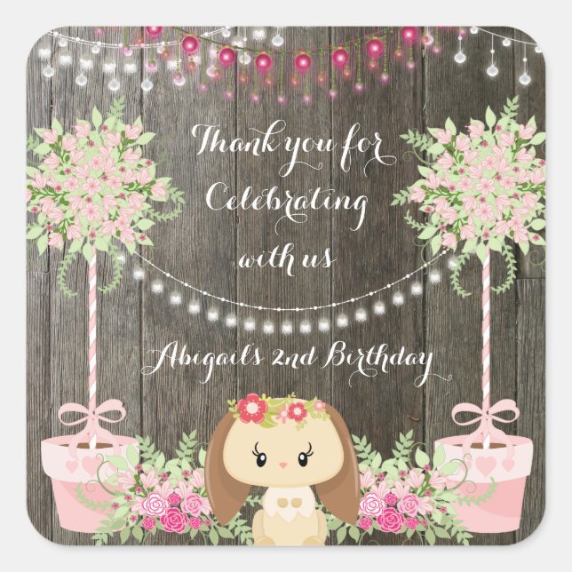 Sticker Carré Joli Lapin Rustique, Fleurs Roses Anniversaire (Devant)