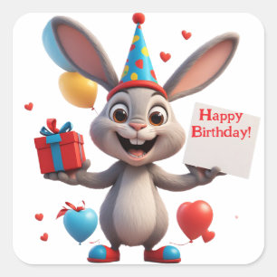 Sticker Carré Joli Lapin Tenant un Panneau d'Anniversaire 🐇