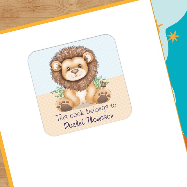 Sticker Carré Joli Lion Bébé Ce Livre Appartient À Personnalisé (Cute Baby Lion This Book Belongs To Personalized Square Sticker)