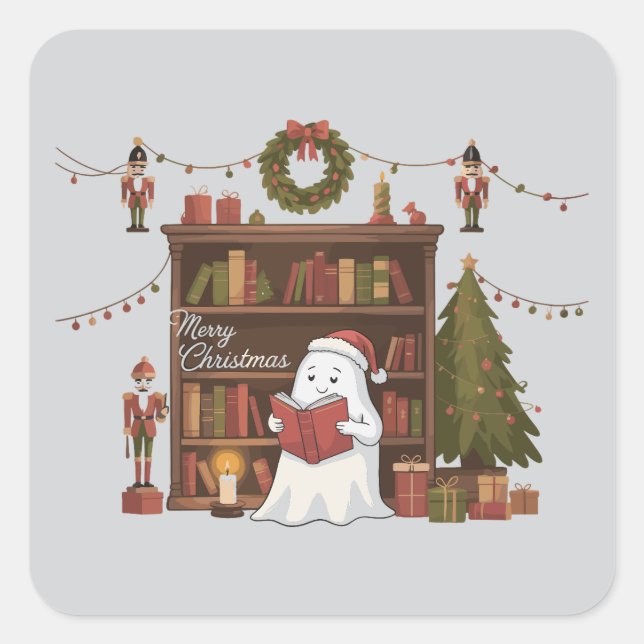 Sticker Carré Joli livre de Fantôme Lecture Noël Lecture (Devant)