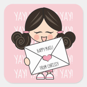 Sticker Carré Joli Mail Asiatique Fille Rose Coeur Sceau