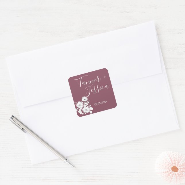 Sticker Carré Joli Mariage floral violet et blanc (Enveloppe)