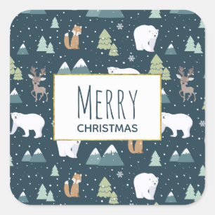 Sticker Carré Joli Noël Animaux d'hiver Motif rustique