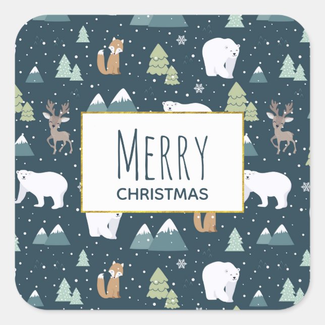 Sticker Carré Joli Noël Animaux d'hiver Motif rustique (Devant)