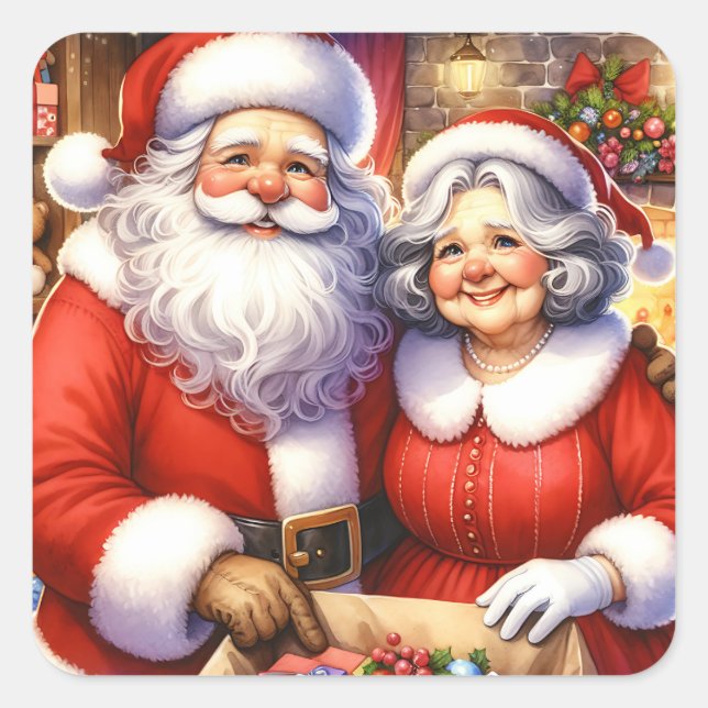 Sticker Carré Joli Noël personnalisé, M. et Mme Santa Claus (Devant)