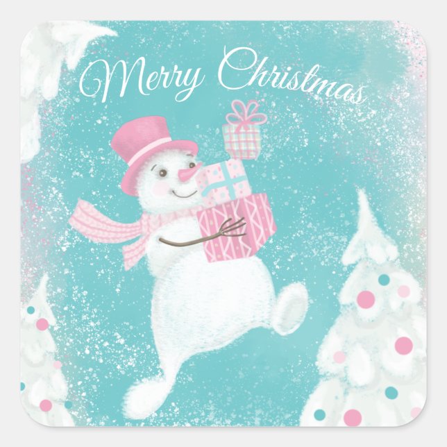 Sticker Carré Joli Noël Snowman rose et menthe (Devant)