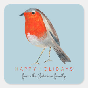Sticker Carré Joli Oiseau Rouge Robin Bleu Noël