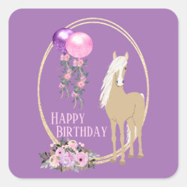Sticker Carré Joli Palomino rose violet Fleurs Cheval Anniversai