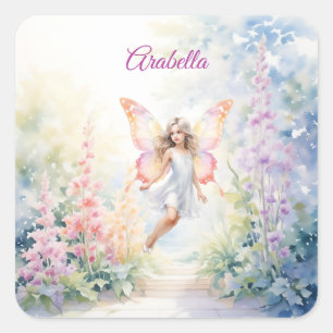 Sticker Carré Joli Pastel Butterfly Fairy in Flower Garden