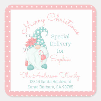 Sticker Carré Joli Pastel Joyeux Noël Nom Customisé Gnome