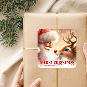 Sticker Carré Joli Père Noël et Rudolph Personnalisé Vacances En