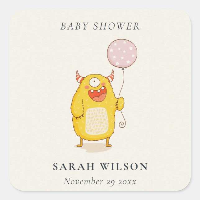 Sticker Carré Joli petit Baby shower Monstre Rose Jaune (Devant)