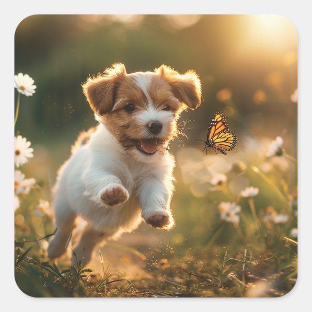 Sticker Carré Joli petit chiot à la recherche d'un papillon (Devant)
