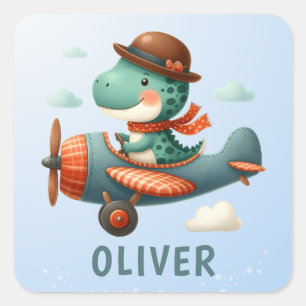 Sticker Carré Joli Petit Dinosaure Trex Avion en Vol
