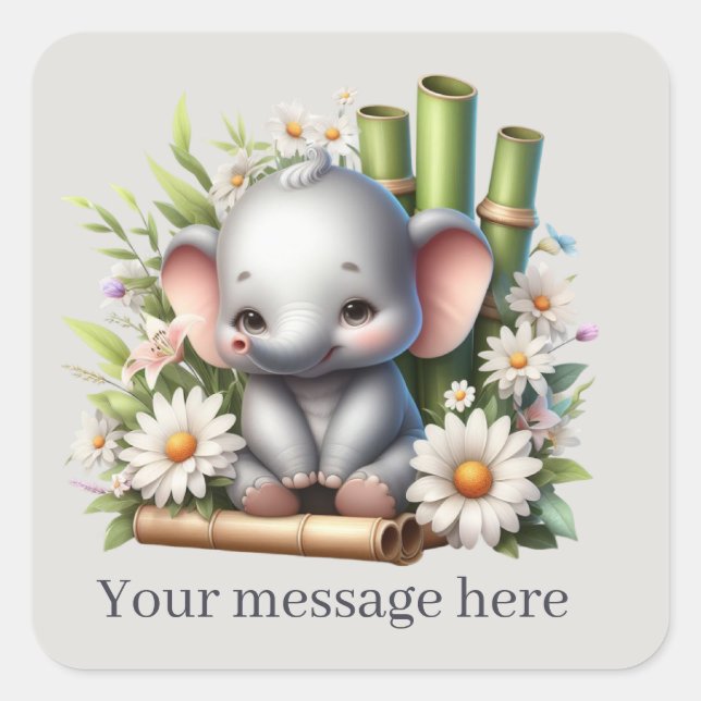 Sticker Carré Joli petit éléphant fille ajouter un message (Devant)