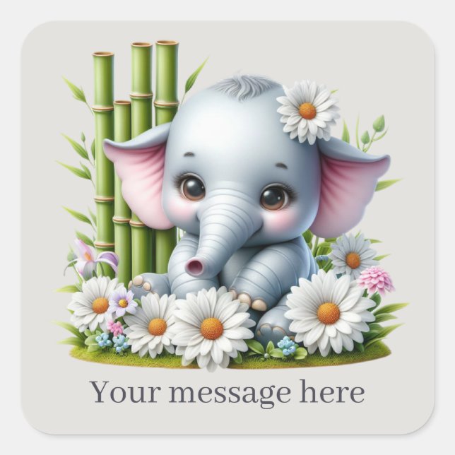 Sticker Carré Joli petit éléphant fille ajouter un message (Devant)