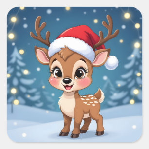 Sticker Carré Joli petit renne avec un chapeau de Noël