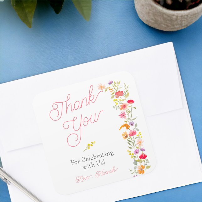 Sticker Carré Joli printemps fleur sauvage floral nuptiale merci (Pretty spring wildflowers floral bridal thank you square sticker)