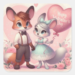 Sticker Carré Joli renard de caricature Saint Valentin