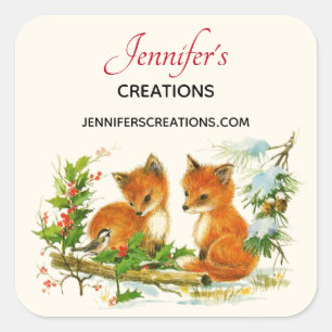 Sticker Carré Joli renard Vintage Retro Christmas Scene Business