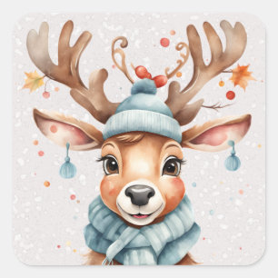 Sticker Carré Joli Renne de Noël à l'aquarelle Fantaisiste