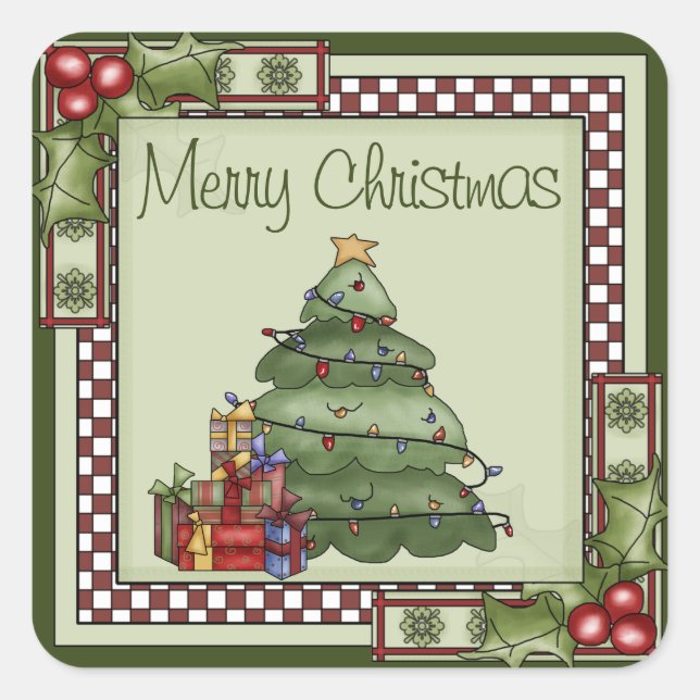 Sticker Carré Joli sapin de Noël et cadeaux Joyeux Noël (Devant)