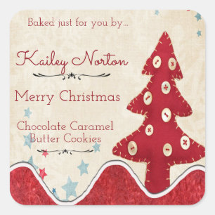 Sticker Carré Joli sapin de Noël rouge, biscuits et friandises
